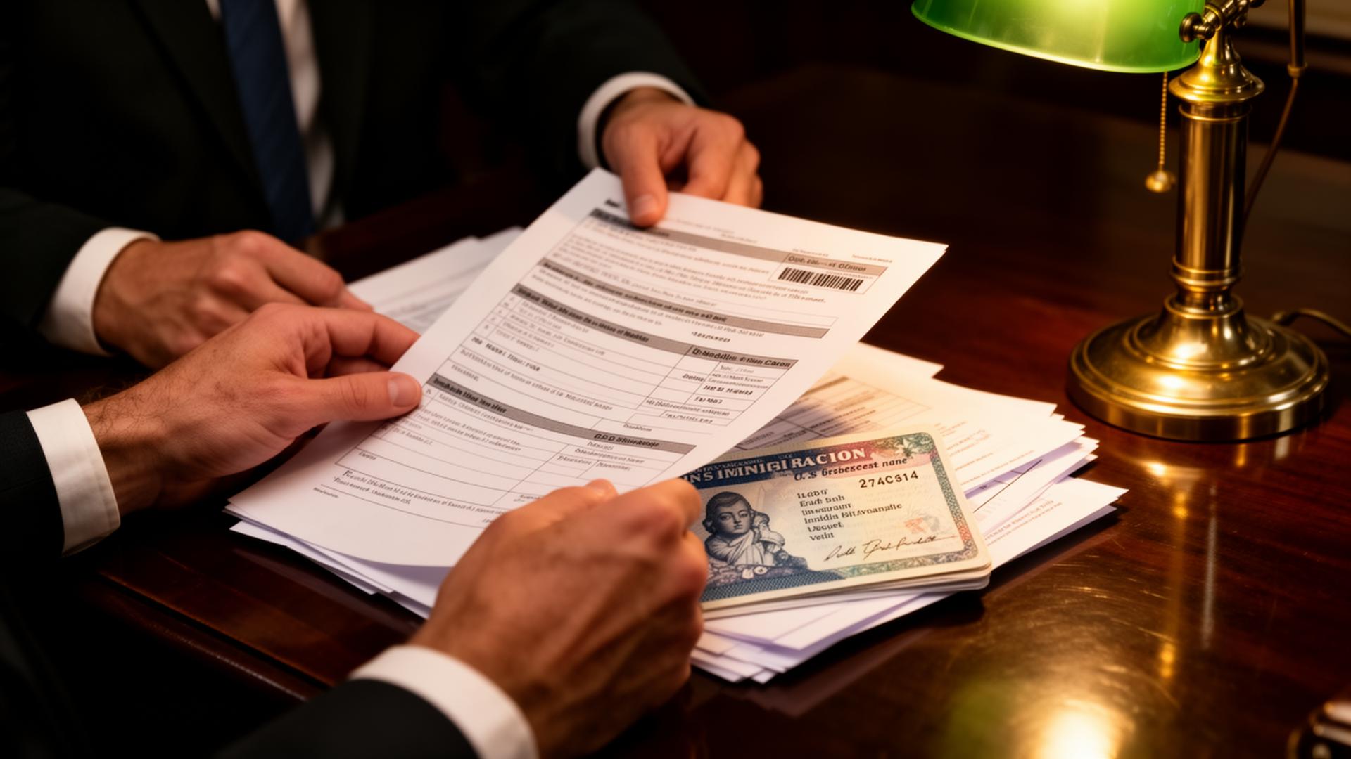 Hands organizing immigration paperwork on a polished desk