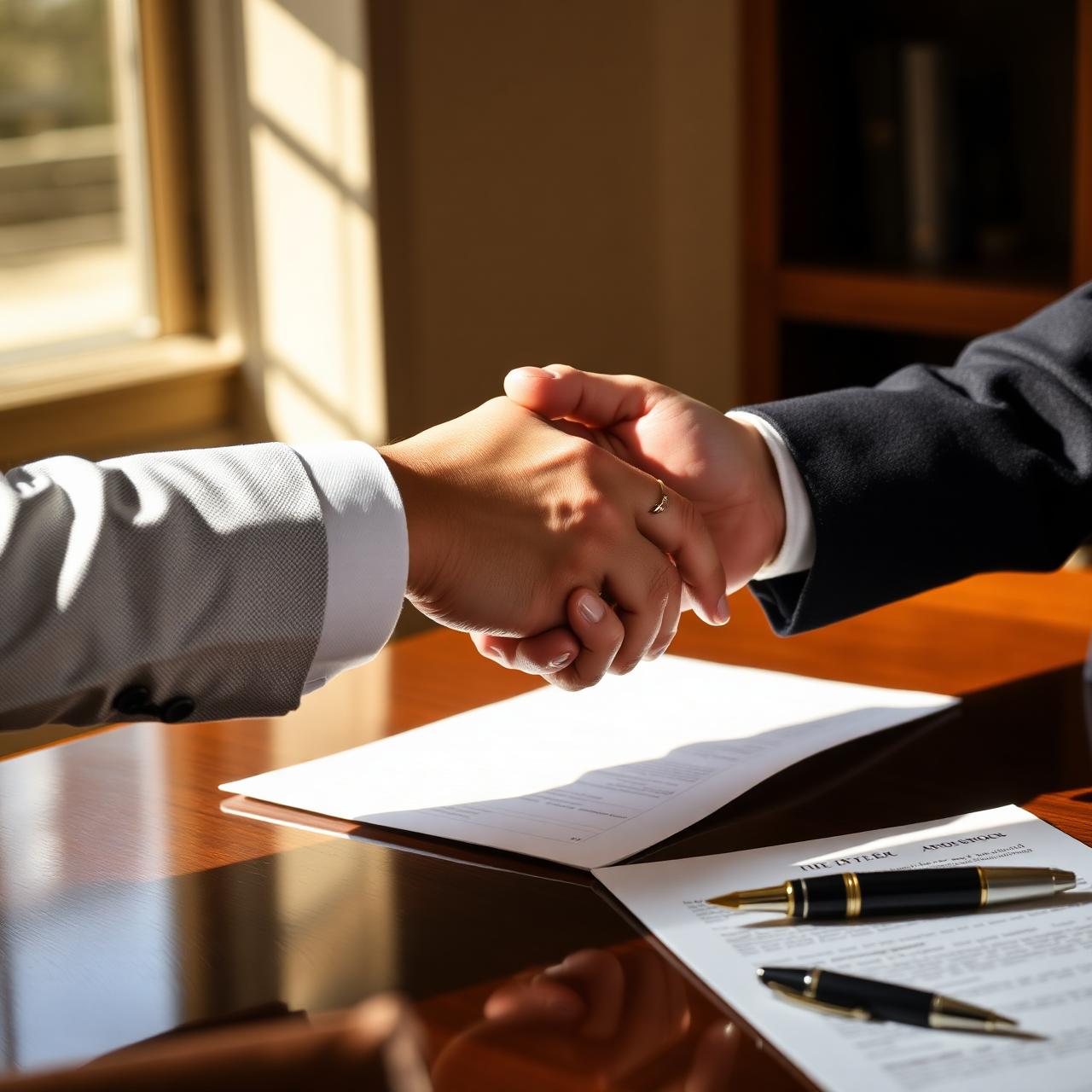 Attorney shaking hands with a client across a polished desk