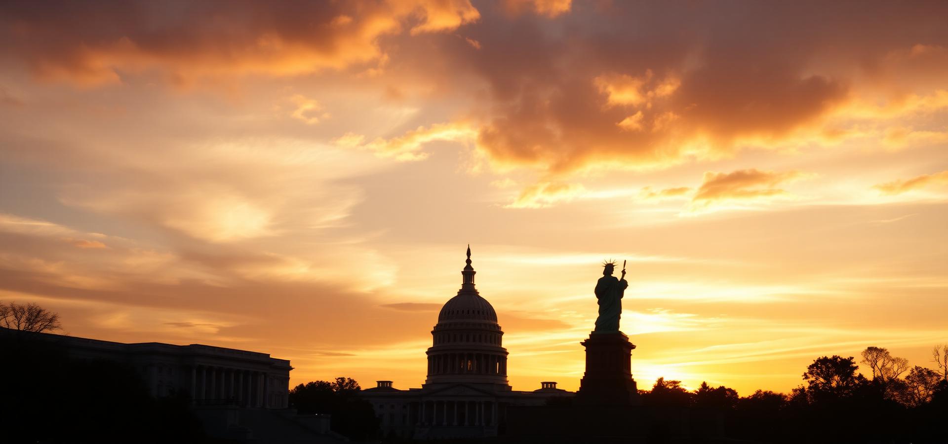 U.S. Capitol and Statue of Liberty silhouetted at golden hour